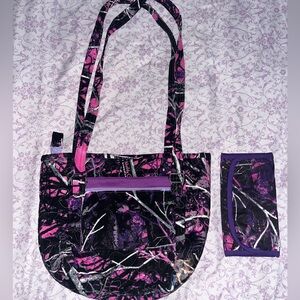 Chic Camouflage Tote Bag in Purple and Pink with Matching Wallet